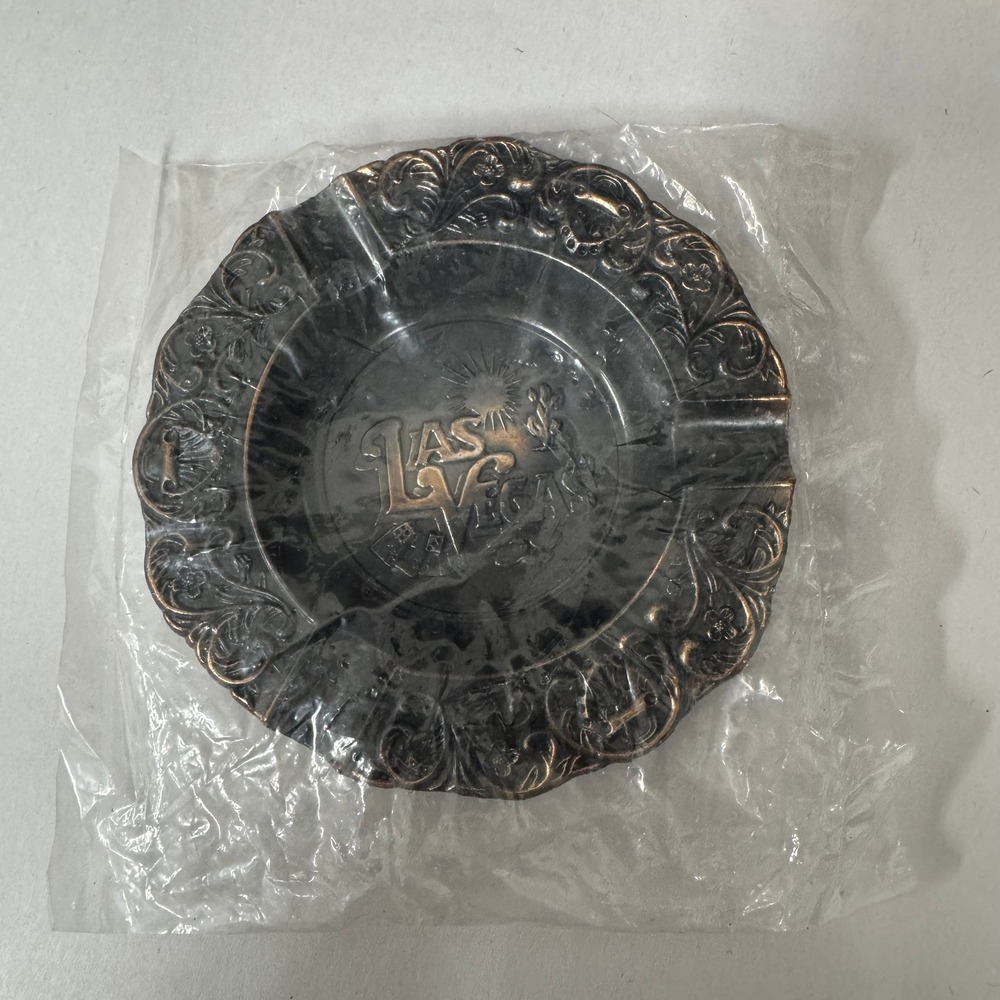Vintage Las Vegas Souvenir Metal Ashtray Ornate Embossed Copper Tone Hong Kong